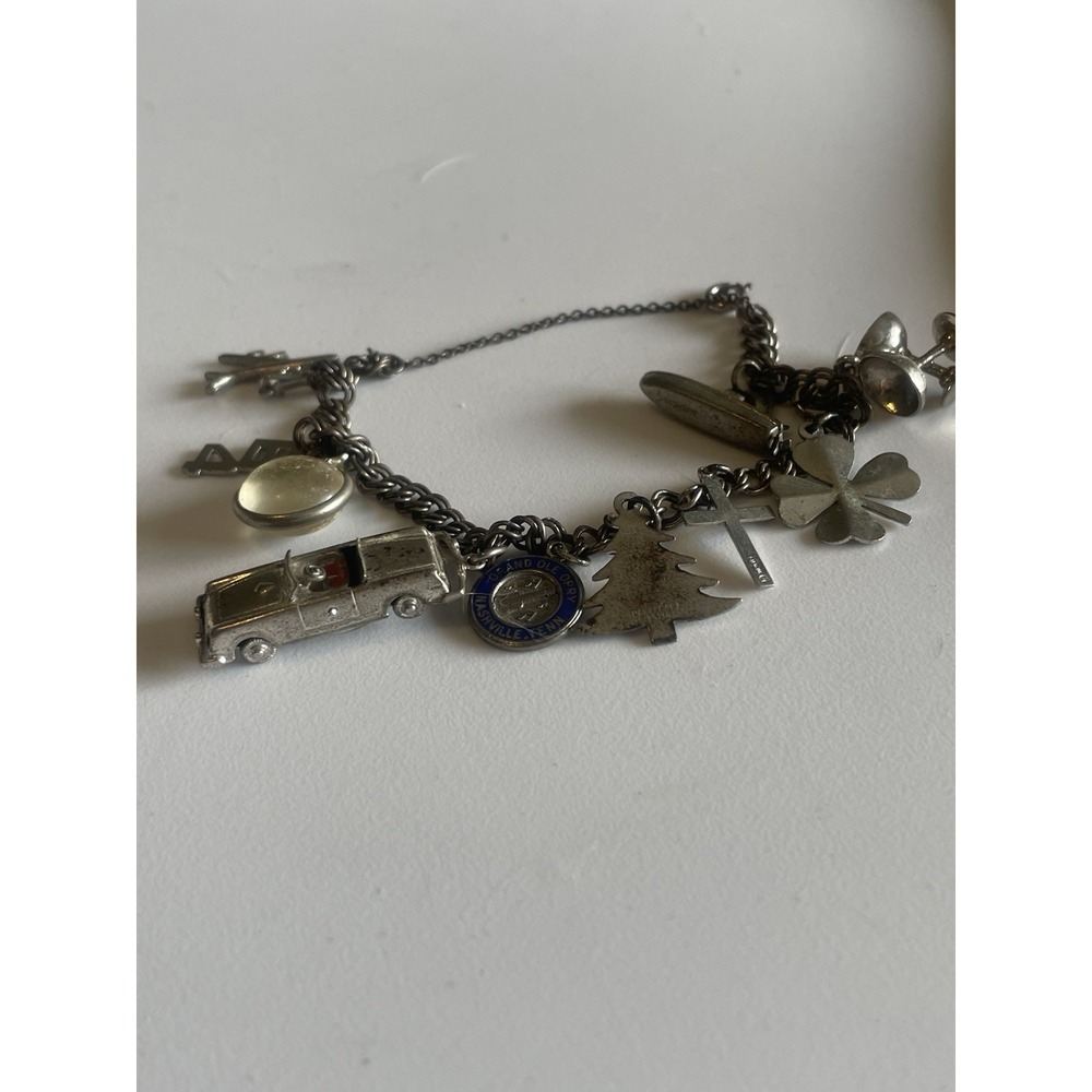 Vintage 1960's Sterling Sliver Charm Bracelet Travel Car Boat Cross 25g 10 Charm